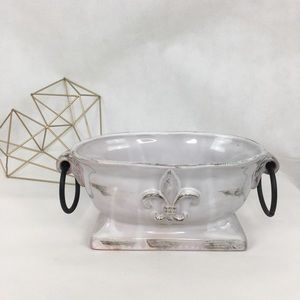 Country French Fleur De Lis Glazed Clay Bowl With Iron Ring Handles